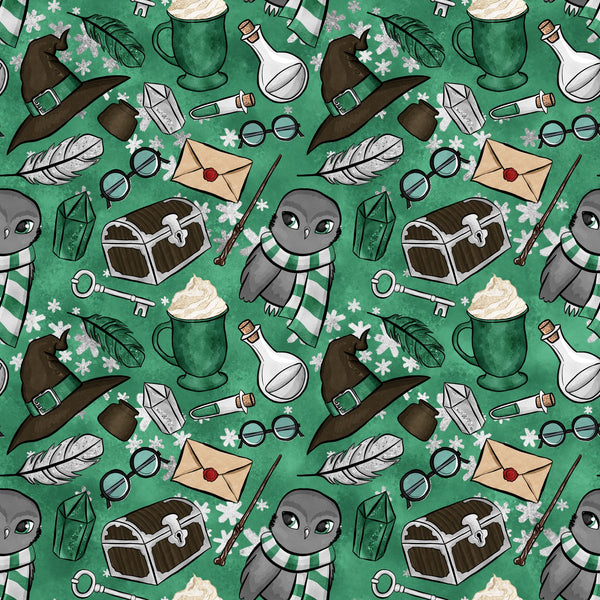 emerald green, forest green, wizard pattern, magical theme, owl characters, witch hats, potion bottles, treasure chests, feathers, magnifying glass, spectacles, wands, envelopes, keys, striped scarves, whimsical illustration, cartoon style,, repeating pattern, fantasy motifs, snowflakes, mystical elements