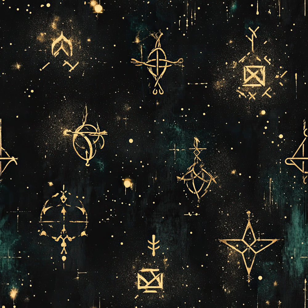black, gold, deep teal, celestial, mystical, stars, crosses, geometric, ornamental, spiritual, elegant, luxe, night sky, constellation, religious, gothic, occult, witchy, modern, abstract, diamonds, sacred geometry, dark academia, fantasy, magical, winter, sophisticated, dramatic