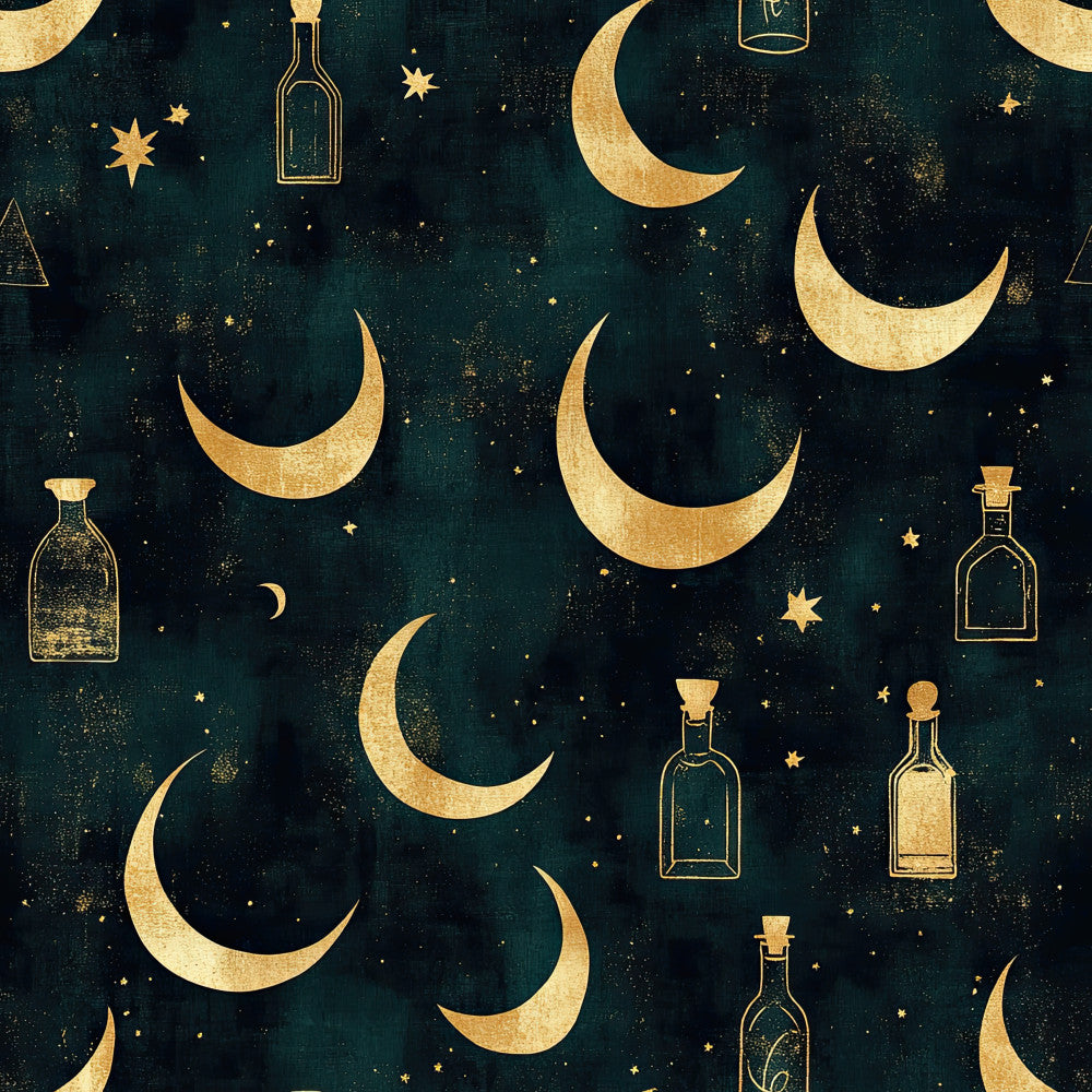 deep teal, forest green, gold, golden yellow, cream, dark navy, celestial, moonlight, stars, moons, bottles, potions, magical, mystical, whimsical, elegant, enchanted, nighttime, nocturnal, witchy, vintage apothecary, alchemy, starry night, crescent moon, constellation, night sky, dreamy, fantasy, bohemian, nursery