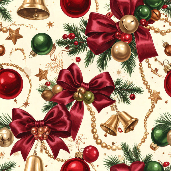 burgundy red, gold, champagne, forest green, cream, deep red, metallic gold, festive, christmas, holiday, elegant, traditional, luxurious, bows, ribbons, ornaments, bells, evergreen branches, pine needles, beads, pearl beads, stars, vintage, classic, formal, festive decor, seasonal, winter, decorative, sophisticated