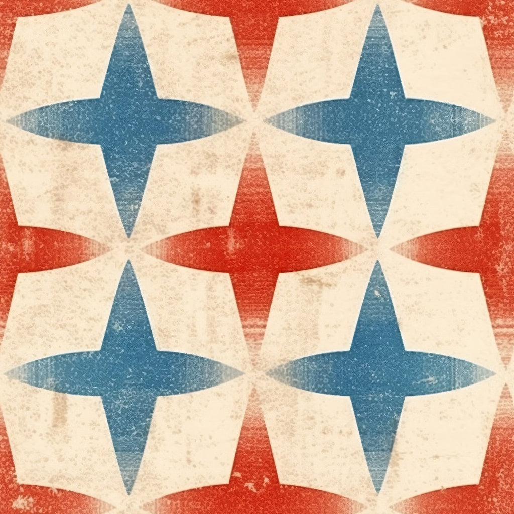 distressed texture, patriotic colors, red white blue, four-pointed stars, geometric pattern, vintage finish, weathered appearance,, fabric panel, americana theme, star motifs, repeating design, cotton fabric, crafting material, sewing fabric, aged look, distressed stars, patriotic quilting, vintage americana, worn texture