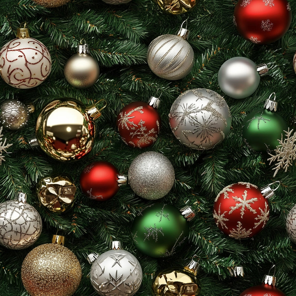 christmas ornaments, red baubles, gold ornaments, green baubles, silver ornaments, evergreen branches, pine needles, snowflake patterns, glittery decorations, holiday baubles, festive spheres, metallic finishes, christmas tree branches, ornament collection,, fabric panel, holiday theme, winter decorations, realistic design, christmas motifs