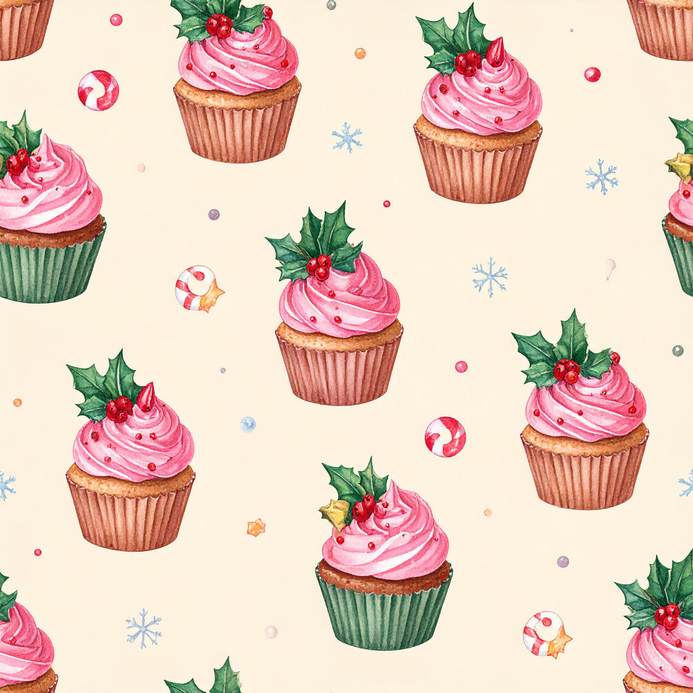 hot pink, blush pink, coral pink, forest green, cream, beige, candy cane, peppermint, holiday, christmas, festive, whimsical, cupcakes, dessert, baking, sweet treats, holly berries, snowflakes, playroom, kids room, nursery, children's, fun, cheerful, bakery themed, winter, seasonal, elegant, charming