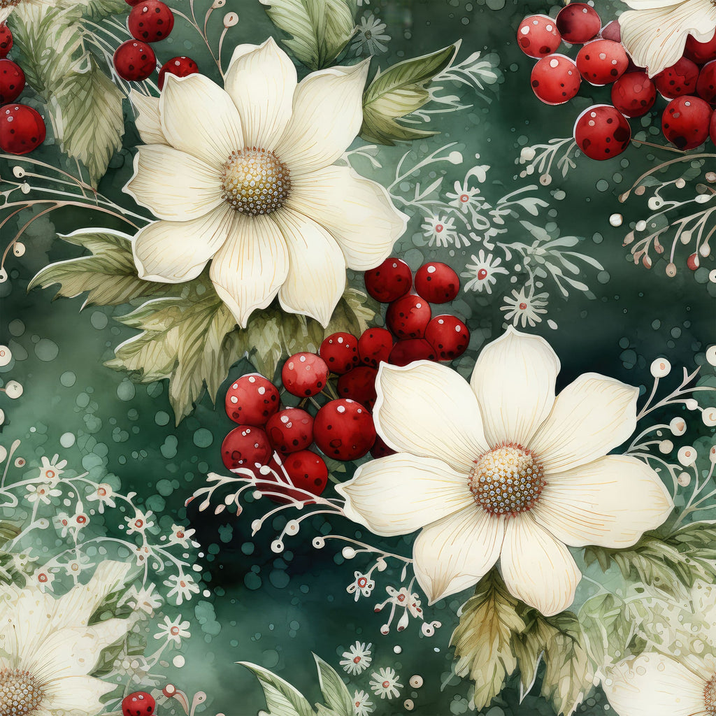 cream flowers, red berries, forest green, white blossoms, botanical pattern, christmas florals, winter botanicals,, fabric panel, floral design, holiday motif, nature elements, vintage style, watercolor effect, festive colors, holiday crafting, sewing fabric, cotton material, seasonal pattern, decorative florals