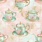 mint green, soft pink, gold accents, teacups, teapots, saucers, floral roses, vintage chinaware, tea party, whimsical, delicate patterns, pastel colors,, fabric panel, ornate details, shabby chic, feminine design, botanical elements, elegant tableware, repeating pattern