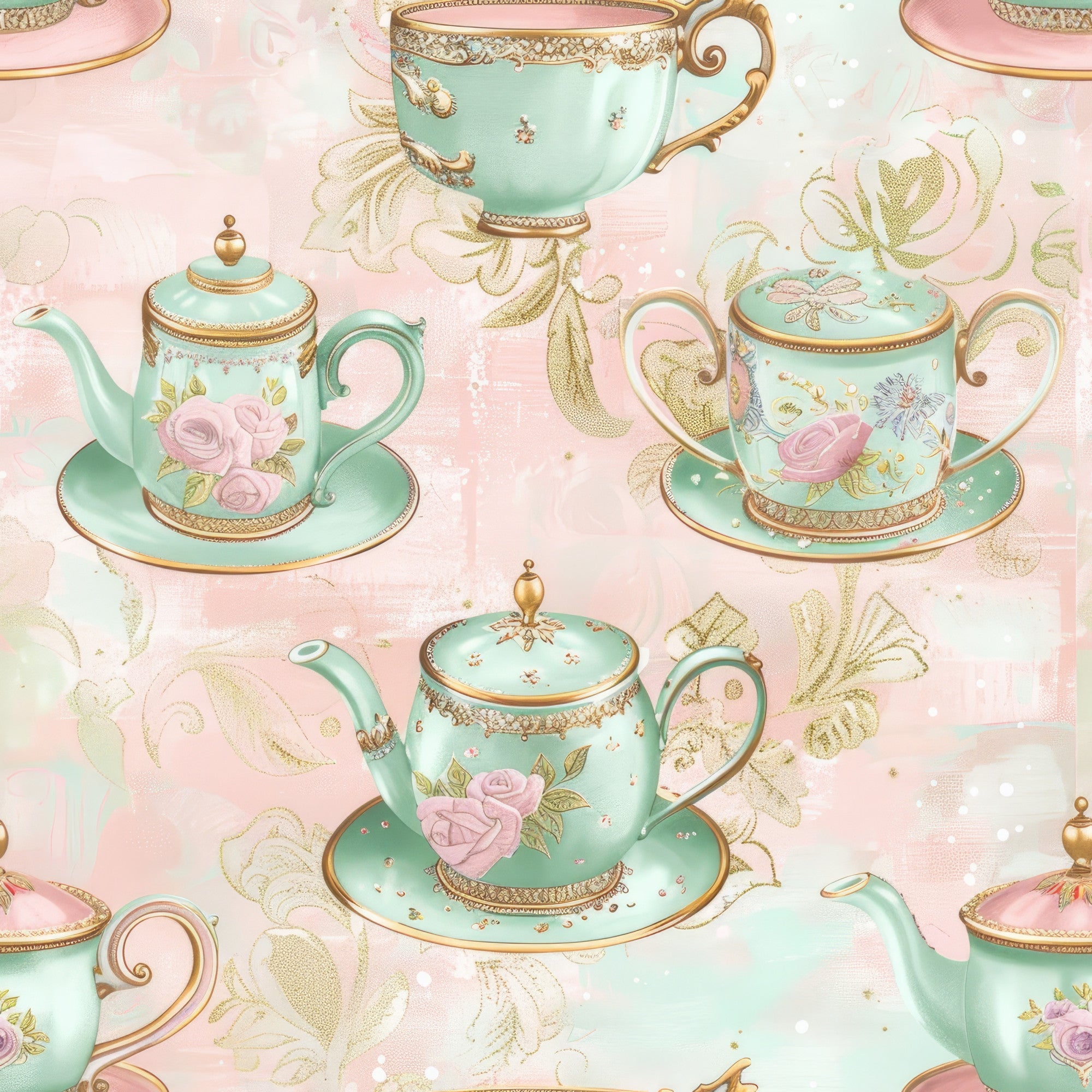 mint green, soft pink, gold accents, teacups, teapots, saucers, floral roses, vintage chinaware, tea party, whimsical, delicate patterns, pastel colors,, fabric panel, ornate details, shabby chic, feminine design, botanical elements, elegant tableware, repeating pattern