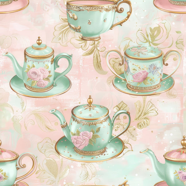 mint green, soft pink, gold accents, teacups, teapots, saucers, floral roses, vintage chinaware, tea party, whimsical, delicate patterns, pastel colors,, fabric panel, ornate details, shabby chic, feminine design, botanical elements, elegant tableware, repeating pattern