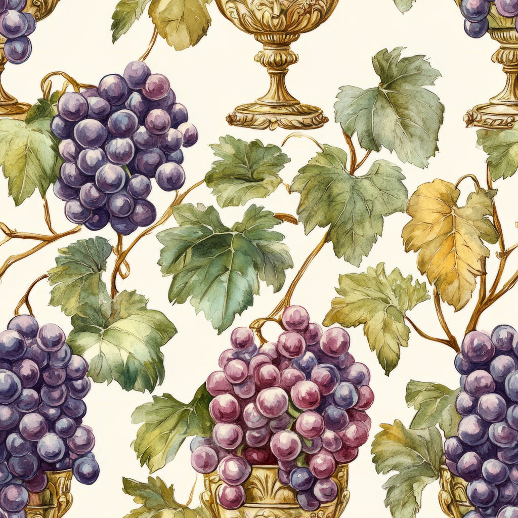 grape clusters, vineyard pattern, purple grapes, green leaves, grapevines, gold chalices, wine goblets, cream background, botanical illustration, watercolor style, vintage ornaments, decorative vessels, fruit motifs, wine theme,, fabric panel, nature elements, harvest theme, elegant styling, ornate details