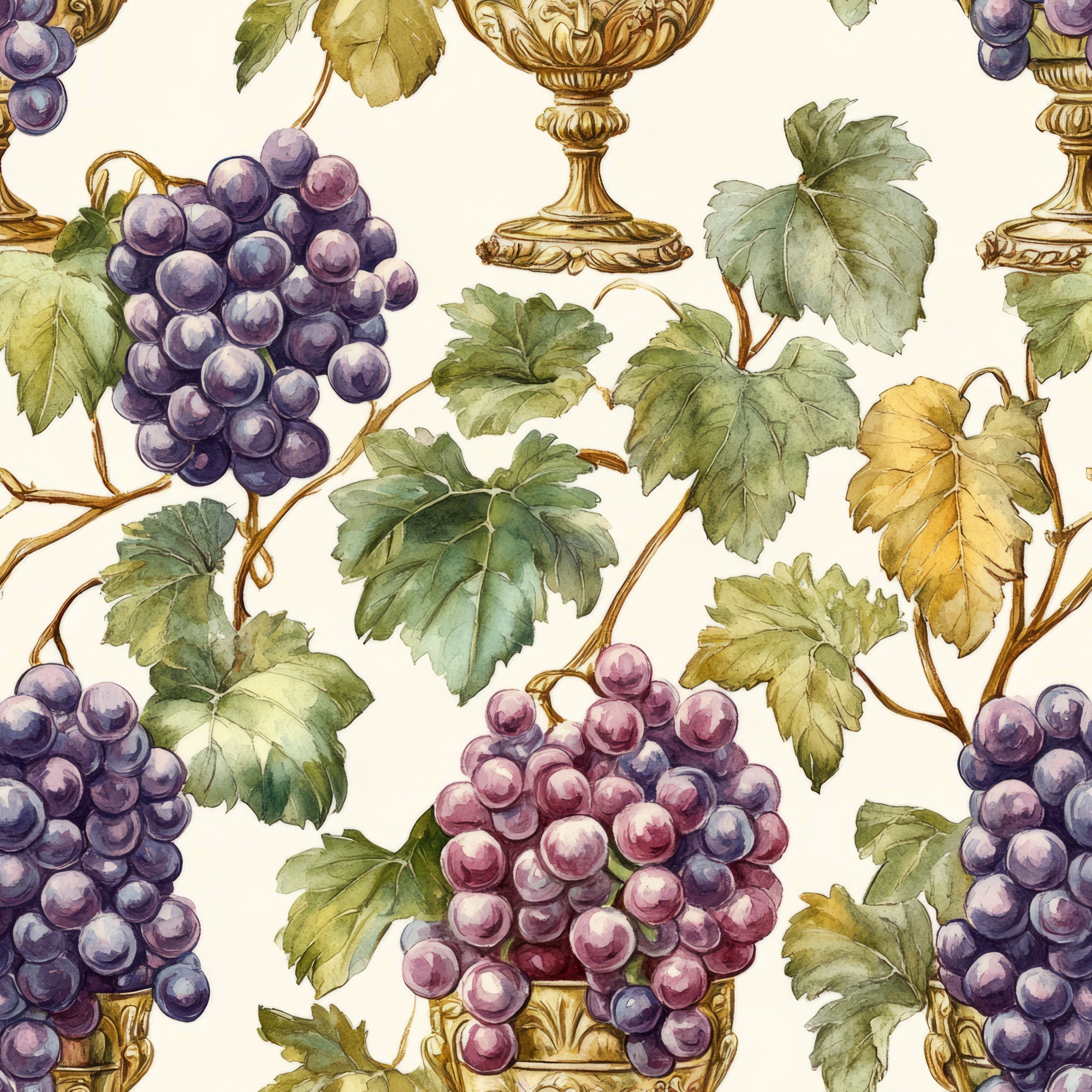 grape clusters, vineyard pattern, purple grapes, green leaves, grapevines, gold chalices, wine goblets, cream background, botanical illustration, watercolor style, vintage ornaments, decorative vessels, fruit motifs, wine theme,, fabric panel, nature elements, harvest theme, elegant styling, ornate details