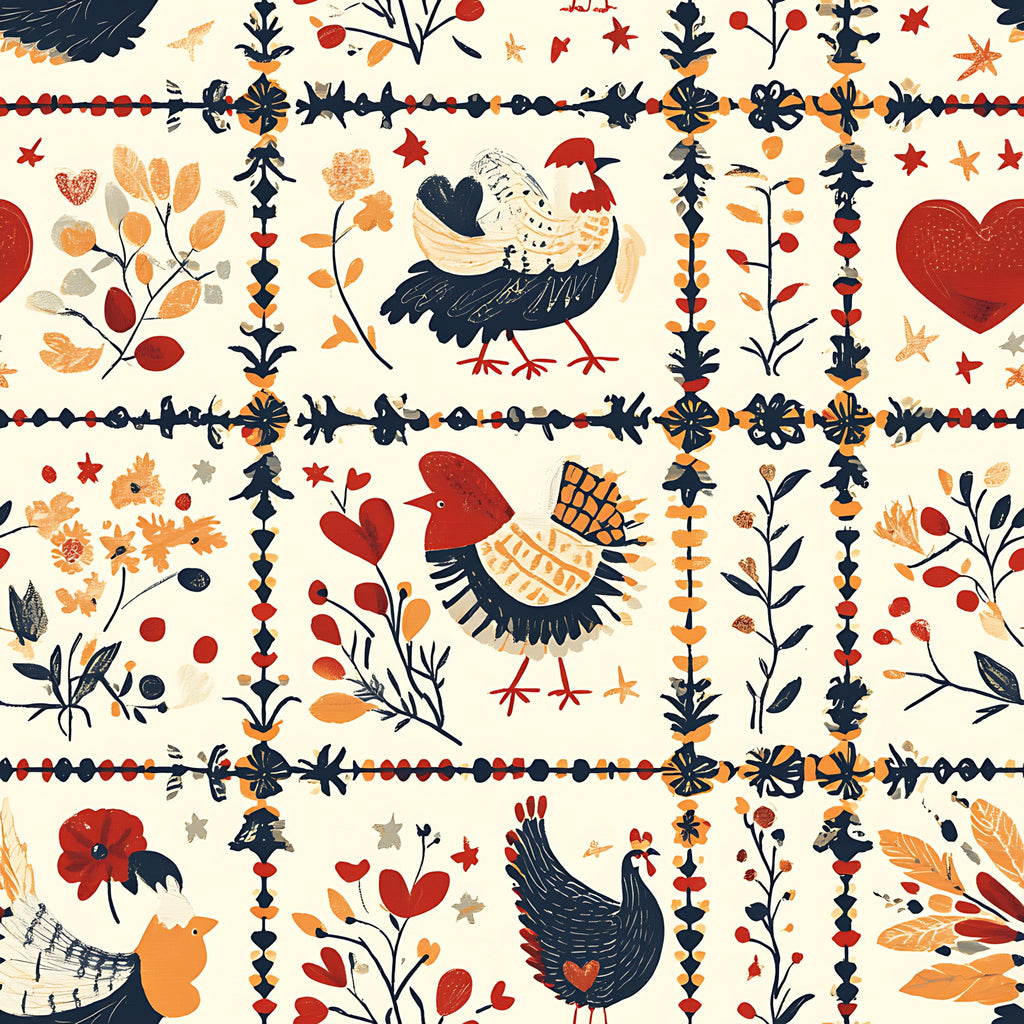 cream background, navy blue, rust red, golden orange, folk art, roosters, chickens, birds, floral motifs, decorative borders, hearts, leaves, geometric patterns,, fabric panel, autumn colors, country style, repeating design, hand-drawn style, farmhouse theme