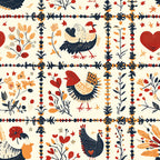 cream background, navy blue, rust red, golden orange, folk art, roosters, chickens, birds, floral motifs, decorative borders, hearts, leaves, geometric patterns,, fabric panel, autumn colors, country style, repeating design, hand-drawn style, farmhouse theme