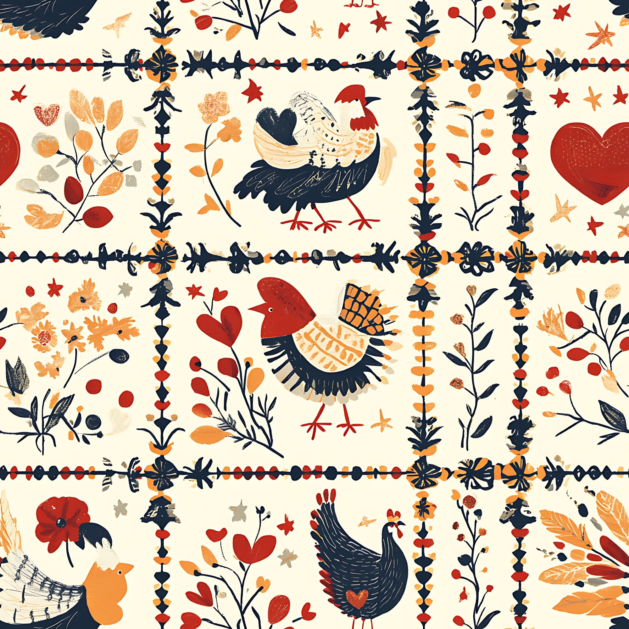 cream background, navy blue, rust red, golden orange, folk art, roosters, chickens, birds, floral motifs, decorative borders, hearts, leaves, geometric patterns,, fabric panel, autumn colors, country style, repeating design, hand-drawn style, farmhouse theme