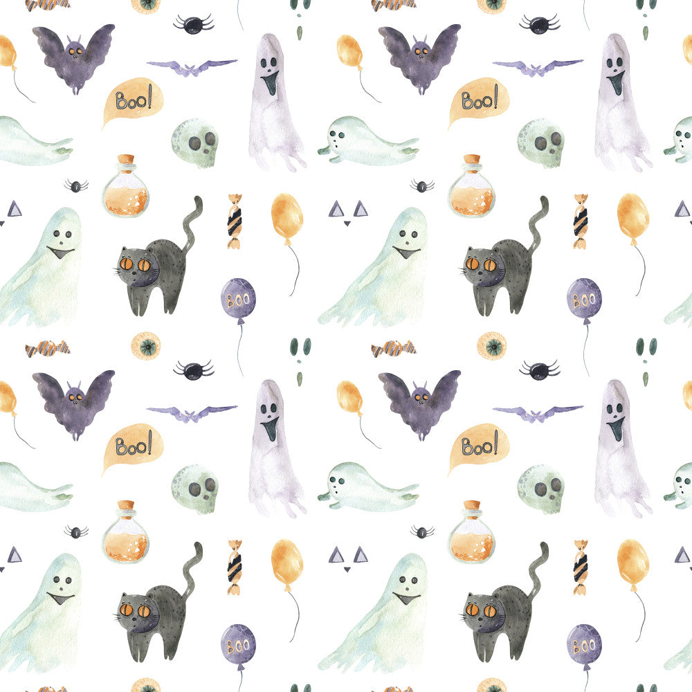 halloween, ghosts, bats, black cat, spooky, orange balloon, potion bottle, witch, purple, pale green, cream, orange, pale yellow, whimsical, playful, kids, children, festive, holiday, autumn, fall, trick or treat, creepy cute, supernatural, enchanted, pumpkin, candy corn, striped candy, scary, fun
