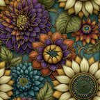 purple floral, gold center, deep purple petals, cream white flowers, teal blue, rust orange, olive green, botanical, nature-inspired, whimsical, bohemian, vintage, traditional, dahlias, sunflowers, decorative leaves, intricate details, jewel tones, autumn colors, spring florals, garden themed, cottage core, elegant, artistic, hand-drawn style, colorful blooms, layered petals, polka dot centers