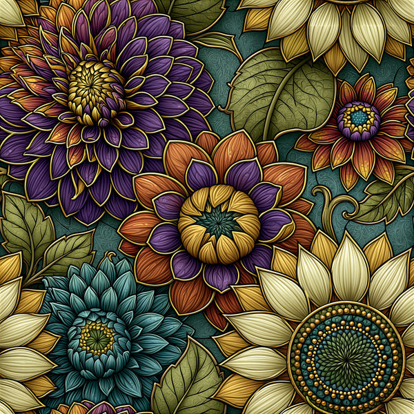 purple floral, gold center, deep purple petals, cream white flowers, teal blue, rust orange, olive green, botanical, nature-inspired, whimsical, bohemian, vintage, traditional, dahlias, sunflowers, decorative leaves, intricate details, jewel tones, autumn colors, spring florals, garden themed, cottage core, elegant, artistic, hand-drawn style, colorful blooms, layered petals, polka dot centers