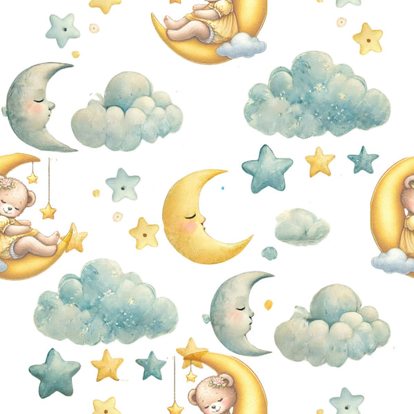 teddy bears, crescent moons, fluffy clouds, yellow stars, teal stars, watercolor style, nursery theme, baby fabric,, soft pastels, yellow moons, blue clouds, sleepy bears, celestial pattern, whimsical design, children's fabric, dreamy atmosphere, cotton panel, bear characters, nighttime theme
