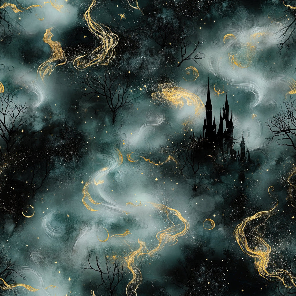 teal, forest green, deep blue, gold, cream, white, celestial, stars, moons, magical, whimsical, fantasy, enchanted castle, gothic, mysterious, elegant, dreamy, night sky, swirling clouds, bare trees, sparkles, glittery, dark academia, fairy tale, nursery, blanket, throw, winter, nighttime, ethereal
