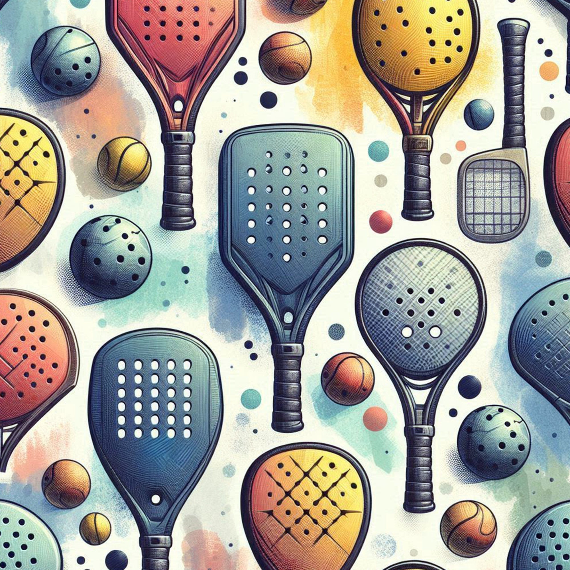 watercolor style, pickleball rackets, padel equipment, sports pattern, turquoise blue, coral orange, golden yellow, sage green, athletic balls,, fabric panel, modern illustration, geometric holes, racket handles, circular motifs, contemporary design, sporting goods, active lifestyle, craft fabric, seamless repeat