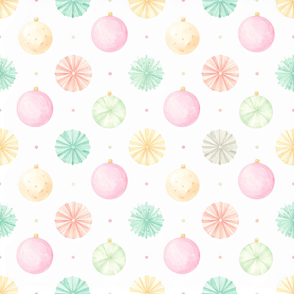 pastel pink, pale yellow, mint green, soft coral, sage green, light gray, blush pink, cream, ornaments, baubles, fan pattern, geometric, whimsical, festive, holiday, christmas, winter, elegant, modern, playroom, nursery, kids room, baby shower, celebration, decorative, charming, soft colors, delicate, cheerful