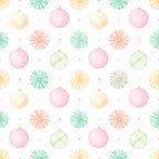 pastel pink, pale yellow, mint green, soft coral, sage green, light gray, blush pink, cream, ornaments, baubles, fan pattern, geometric, whimsical, festive, holiday, christmas, winter, elegant, modern, playroom, nursery, kids room, baby shower, celebration, decorative, charming, soft colors, delicate, cheerful