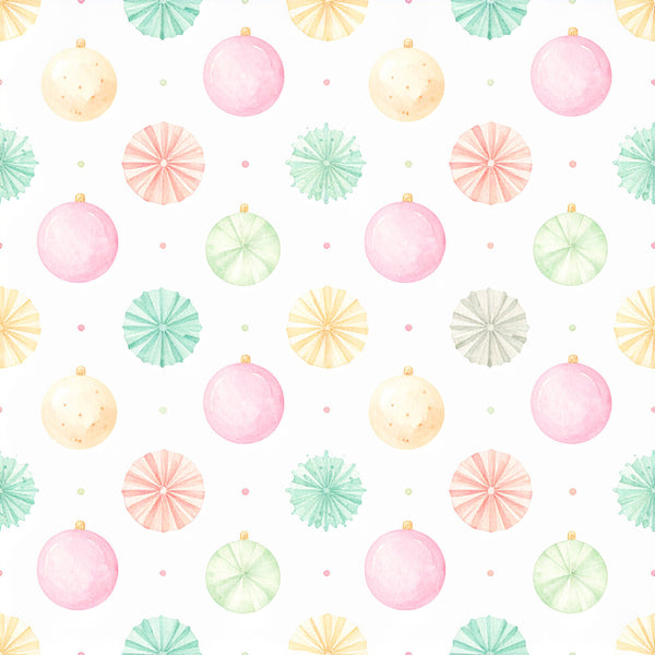 pastel pink, pale yellow, mint green, soft coral, sage green, light gray, blush pink, cream, ornaments, baubles, fan pattern, geometric, whimsical, festive, holiday, christmas, winter, elegant, modern, playroom, nursery, kids room, baby shower, celebration, decorative, charming, soft colors, delicate, cheerful