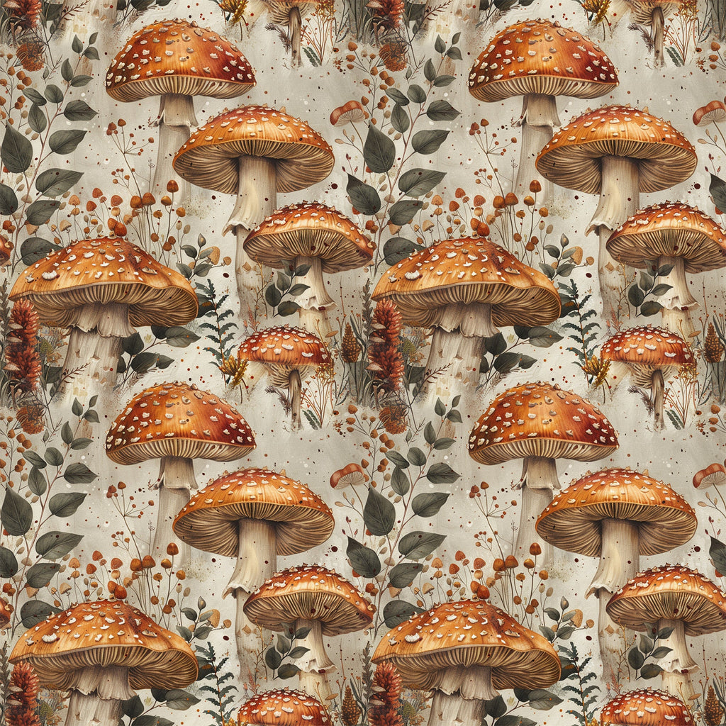 retro mushrooms, botanical pattern, orange red caps, white spots, cream background, autumn foliage, pine cones, berries, nature illustration, vintage style, earthy tones, forest floor,, fabric panel, repeating design, detailed artwork, fall colors, woodland theme, brown stems, botanical elements