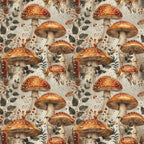 retro mushrooms, botanical pattern, orange red caps, white spots, cream background, autumn foliage, pine cones, berries, nature illustration, vintage style, earthy tones, forest floor,, fabric panel, repeating design, detailed artwork, fall colors, woodland theme, brown stems, botanical elements
