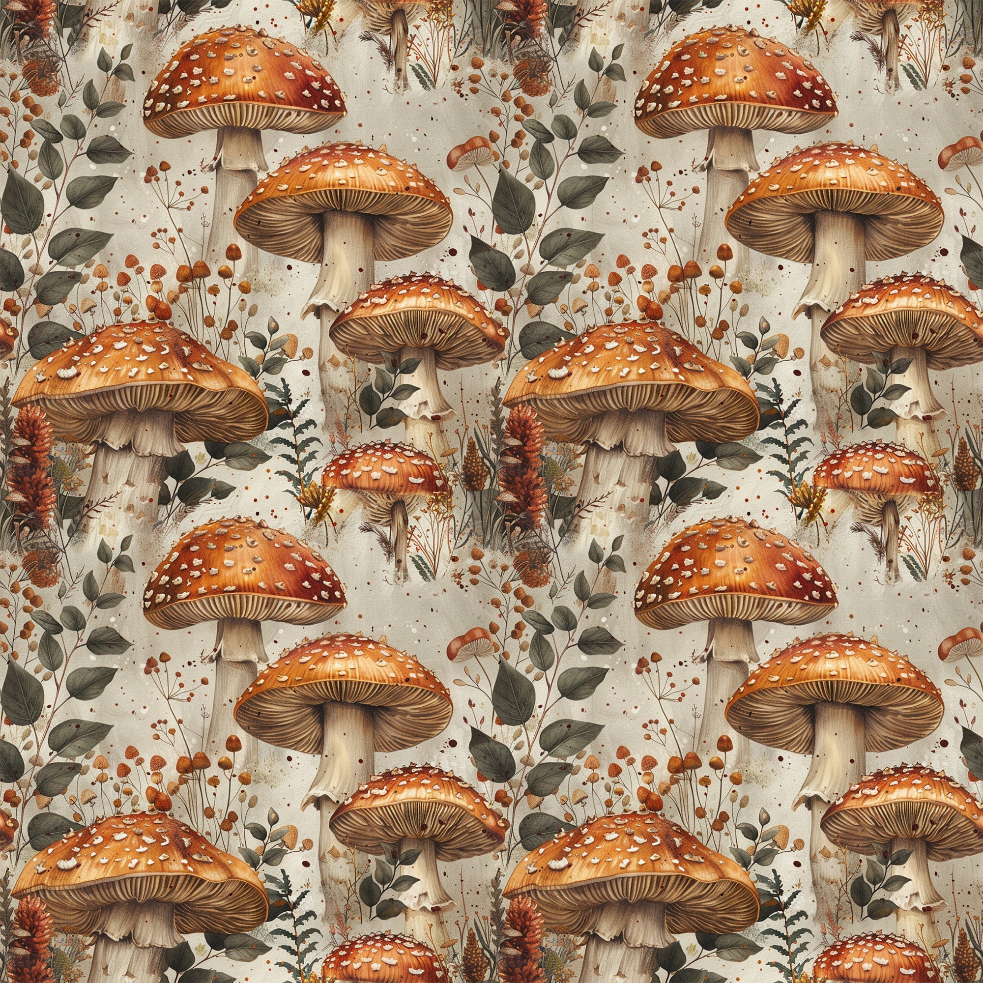 retro mushrooms, botanical pattern, orange red caps, white spots, cream background, autumn foliage, pine cones, berries, nature illustration, vintage style, earthy tones, forest floor,, fabric panel, repeating design, detailed artwork, fall colors, woodland theme, brown stems, botanical elements
