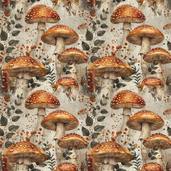 retro mushrooms, botanical pattern, orange red caps, white spots, cream background, autumn foliage, pine cones, berries, nature illustration, vintage style, earthy tones, forest floor,, fabric panel, repeating design, detailed artwork, fall colors, woodland theme, brown stems, botanical elements