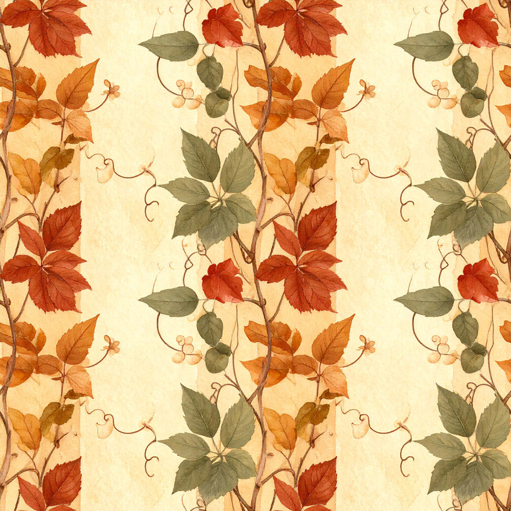 autumn leaves, fall foliage, rust red, burnt orange, golden yellow, sage green, olive green, cream background, vintage botanical, floral vines, climbing vines, tendrils, nature inspired, botanical print, traditional style, rustic elegance, harvest theme, autumn colors, seasonal décor, warm tones, earthy tones, woodland, natural elements, garden inspired, cottage style, classic design, elegant florals, repeating pattern, autumn harvest, fall season