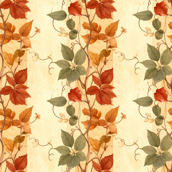 autumn leaves, fall foliage, rust red, burnt orange, golden yellow, sage green, olive green, cream background, vintage botanical, floral vines, climbing vines, tendrils, nature inspired, botanical print, traditional style, rustic elegance, harvest theme, autumn colors, seasonal décor, warm tones, earthy tones, woodland, natural elements, garden inspired, cottage style, classic design, elegant florals, repeating pattern, autumn harvest, fall season