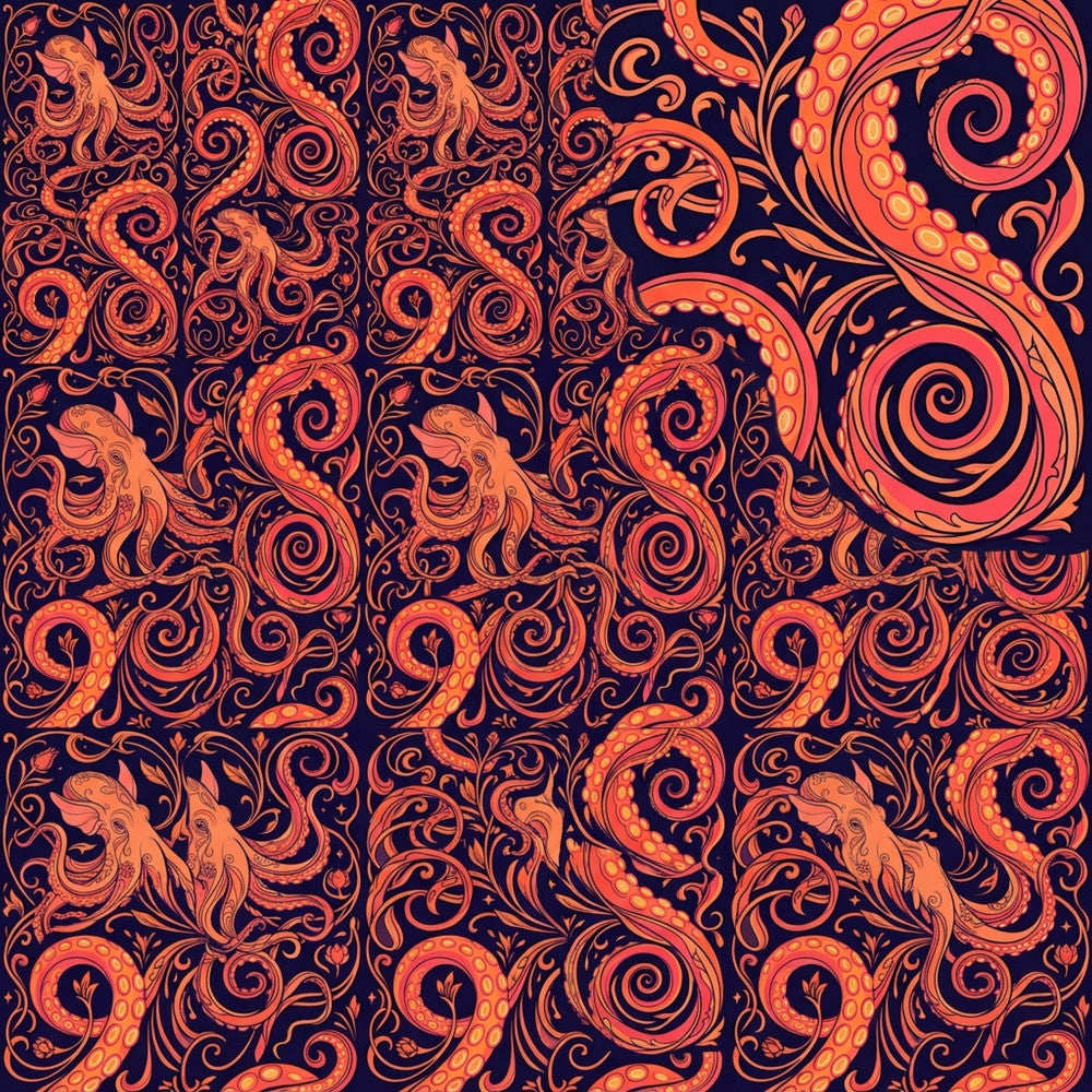 navy blue, coral orange, burnt orange, golden orange, red-orange, deep navy background, ornamental, baroque, damask, paisley, scrollwork, swirls, filigree, ornate, decorative, elegant, luxurious, traditional, vintage, bohemian, exotic, mystical, whimsical, dramatic, bold, jewel tones, regal, sophisticated, ornamental flourishes, spirals