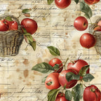 red apples, green leaves, wicker baskets, vintage script, aged paper, botanical illustration, fruit pattern,, fabric panel, rustic farmhouse, harvest theme, autumn colors, handwritten text, natural motifs, country style, orchard design, antique lettering, warm tones, agricultural theme