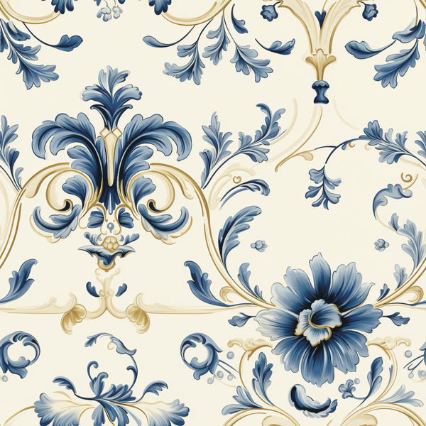 navy blue, cream, gold, damask, floral, baroque, victorian, ornamental, elegant, traditional, botanical, scrollwork, acanthus leaves, decorative flowers, vintage, classic, romantic, ornate, luxurious, sophisticated, formal, timeless, blue and white, gold accents, feathery leaves, curving vines, symmetrical pattern