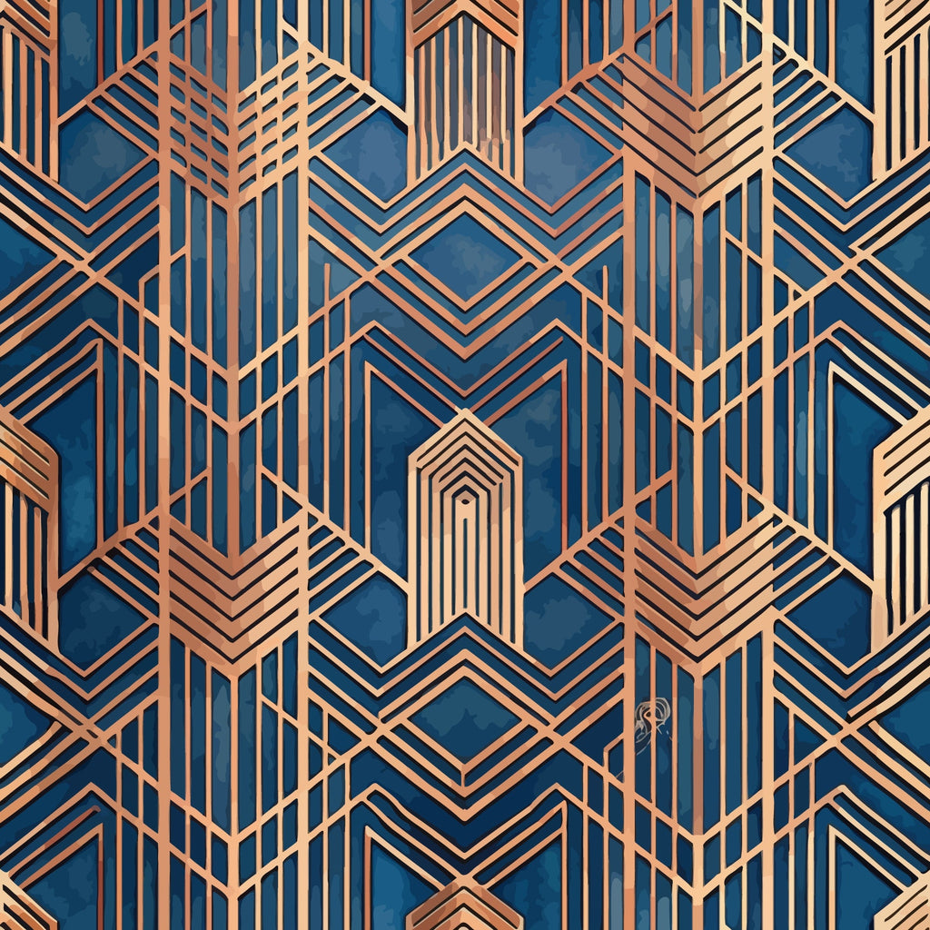 navy blue, copper, rose gold, geometric pattern, art deco, chevron, diamond shapes, hexagonal motifs, metallic accents, linear design, angular lines, vintage style, luxury aesthetic,, fabric panel, sophisticated pattern, ornate details, symmetrical design, decorative elements, elegant motifs