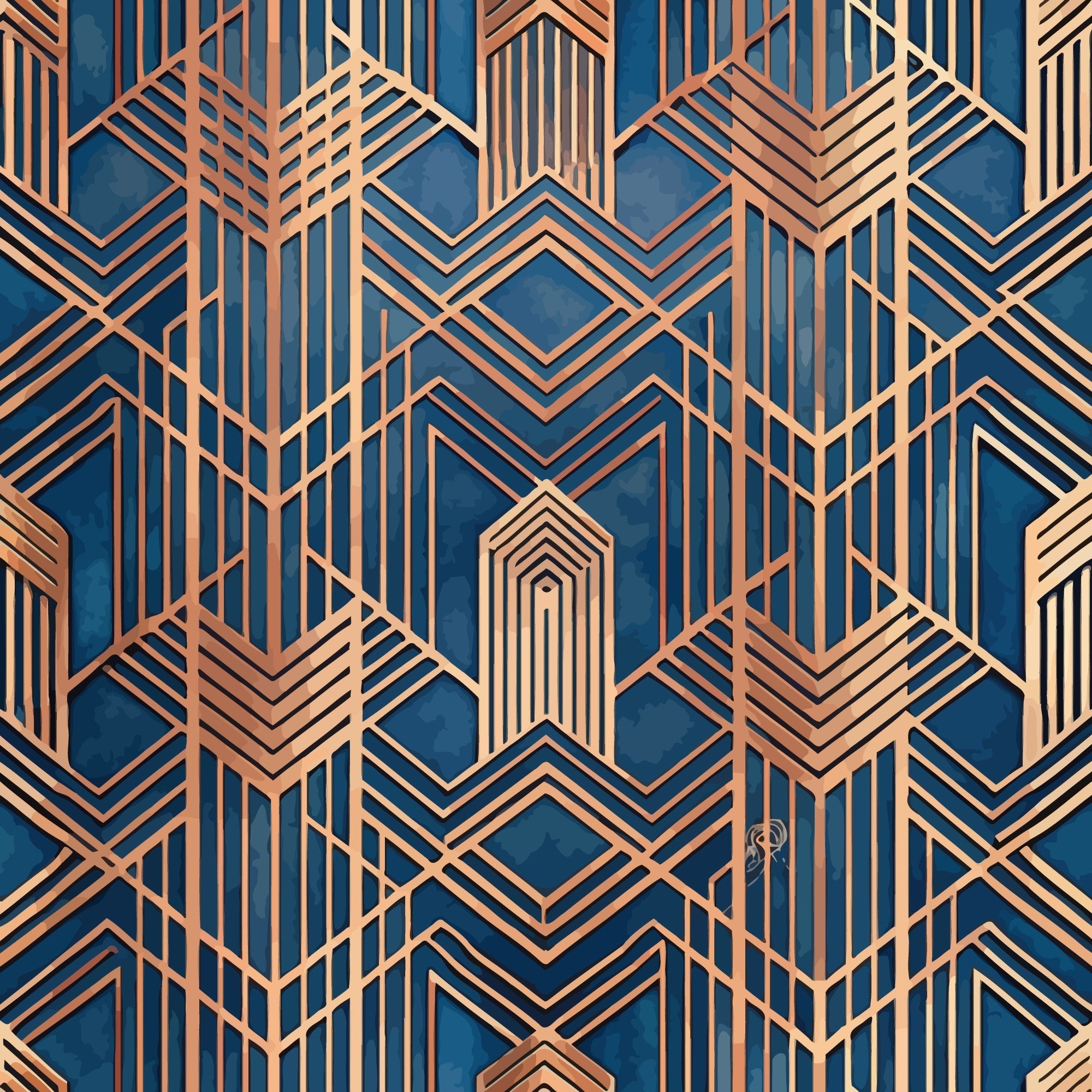 navy blue, copper, rose gold, geometric pattern, art deco, chevron, diamond shapes, hexagonal motifs, metallic accents, linear design, angular lines, vintage style, luxury aesthetic,, fabric panel, sophisticated pattern, ornate details, symmetrical design, decorative elements, elegant motifs
