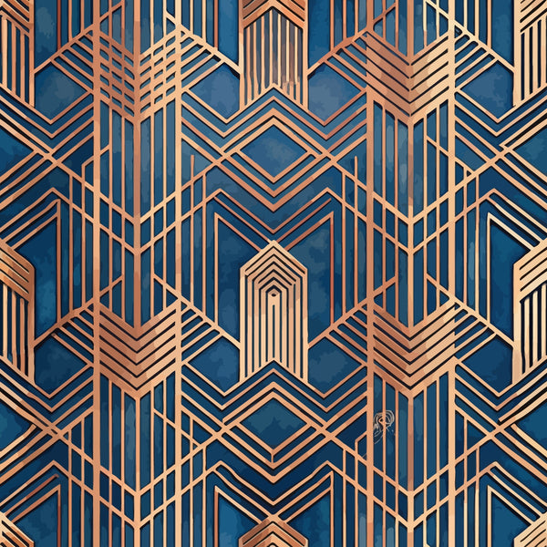 navy blue, copper, rose gold, geometric pattern, art deco, chevron, diamond shapes, hexagonal motifs, metallic accents, linear design, angular lines, vintage style, luxury aesthetic,, fabric panel, sophisticated pattern, ornate details, symmetrical design, decorative elements, elegant motifs