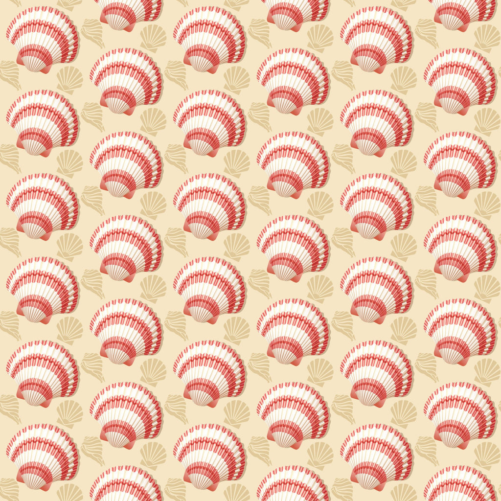 coral, cream, beige, seashells, scallop shells, fan shells, marine motifs, ocean theme, beach pattern, repeating design, nautical, coastal, summer fabric,, fabric panel, seaside elements, shell collection, geometric arrangement, warm tones, tropical vibes