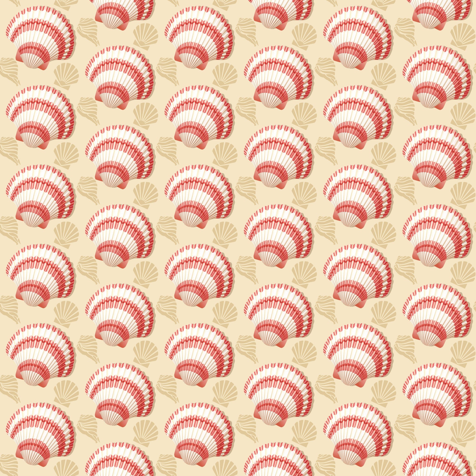 coral, cream, beige, seashells, scallop shells, fan shells, marine motifs, ocean theme, beach pattern, repeating design, nautical, coastal, summer fabric,, fabric panel, seaside elements, shell collection, geometric arrangement, warm tones, tropical vibes