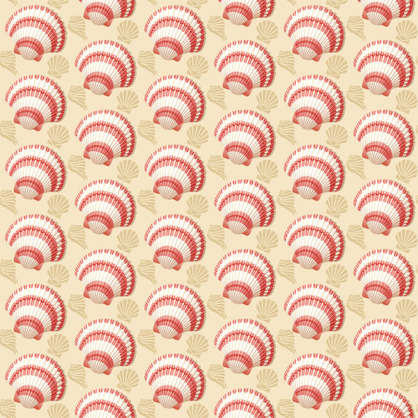 coral, cream, beige, seashells, scallop shells, fan shells, marine motifs, ocean theme, beach pattern, repeating design, nautical, coastal, summer fabric,, fabric panel, seaside elements, shell collection, geometric arrangement, warm tones, tropical vibes