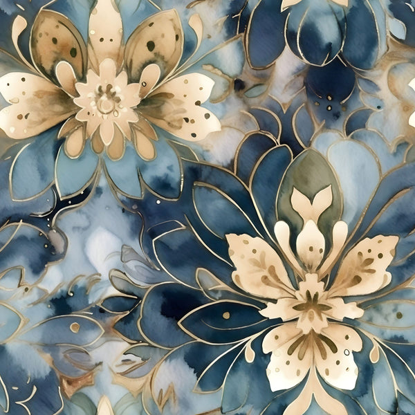 blue, gold, beige, cream, navy, floral pattern, large flowers, botanical design, watercolor style, flowing petals, organic shapes,, fabric panel, soft texture, elegant blooms, decorative florals, artistic rendering, nature motifs, crafting material, sewing fabric