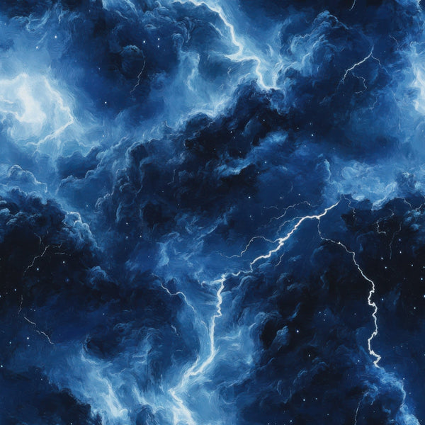 navy blue, deep blue, azure, cobalt, storm clouds, lightning bolts, thunderstorm, electrical discharge, dramatic sky, swirling clouds, weather pattern, stormy atmosphere, cosmic, celestial,, fabric panel, moody, atmospheric, turbulent, nature scene