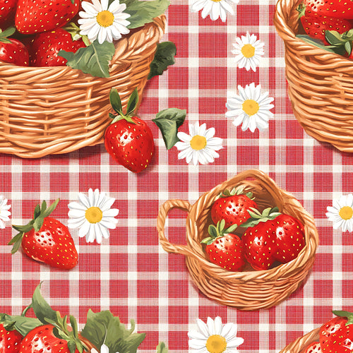 red, white, gingham, checkered, strawberries, baskets, daisies, flowers, wicker baskets, picnic, summer,, fabric panel, country style, rustic, pastoral, botanical, fruit pattern, cottage core, cheerful