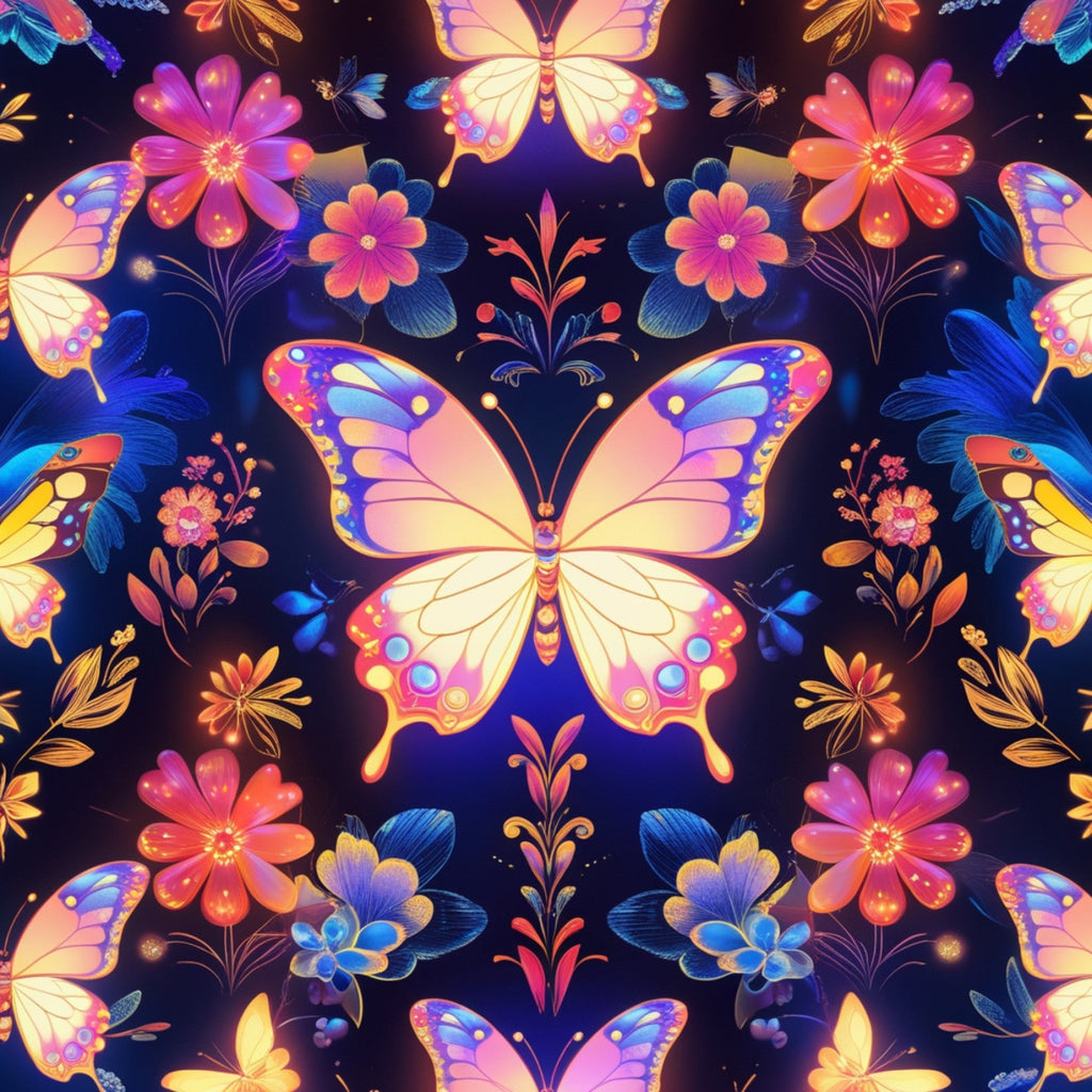 fantasy butterflies,, fabric panel, vibrant colors, purple background, pink flowers, blue butterflies, orange accents, yellow wings, floral motifs, symmetrical pattern, whimsical design, nature theme, botanical elements, decorative wings, colorful petals, magical mood, bright hues, repeating design, craft fabric