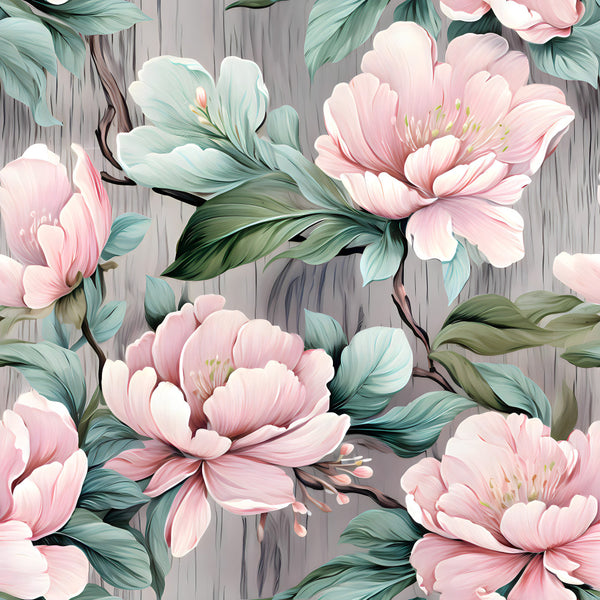pale pink peonies, soft mint green, dusty rose, sage green, floral pattern, botanical design, peony flowers, nature themed, elegant style, romantic design, spring flowers, delicate petals, pastel colors, soft aesthetic, garden flowers, vintage floral, whimsical style, feminine design, blush pink, cream white, charcoal gray background, multi-floral, layered petals, botanical illustration, spring season, nursery decor, baby shower, cottage core, timeless pattern