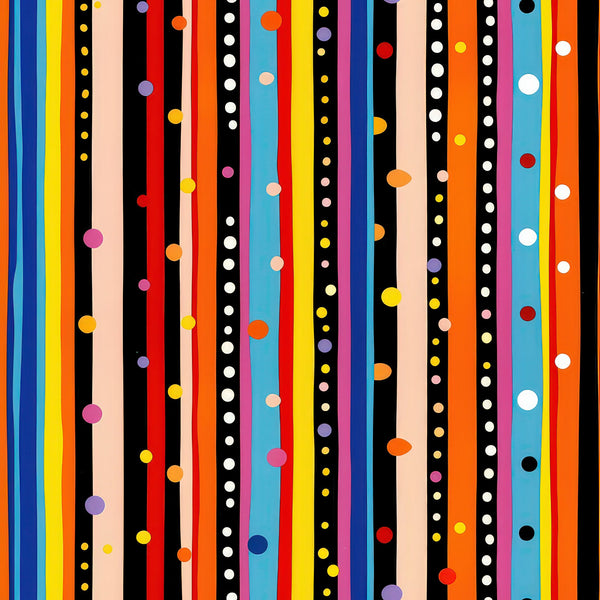 colorful stripes, polka dots, vertical stripes, geometric pattern, bright colors, orange, yellow, red, blue, pink, purple, black, white, rainbow colors, modern design, contemporary style,, fabric panel, vibrant pattern, multicolored, playful design, cotton fabric