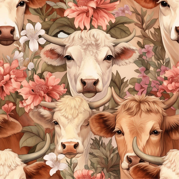 highland cows, floral pattern, pink flowers, coral blooms, cream colored, brown cows, white cows, botanical design, farm animals,, fabric panel, pastoral theme, soft pastels, realistic artwork, country style, cattle faces, gentle expression, nature motif, repeating pattern, spring flowers