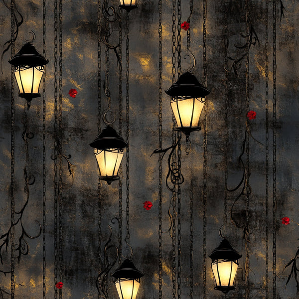 charcoal gray, gold accents, black chains, cream yellow, burgundy red, vintage, steampunk, industrial, gothic, moody, lanterns, hanging lights, ornamental, decorative chains, roses, elegant, dark academia, mystery, nighttime, ambient lighting, architectural, decorative elements, holiday, winter, cozy, atmospheric, baroque, romantic, dramatic