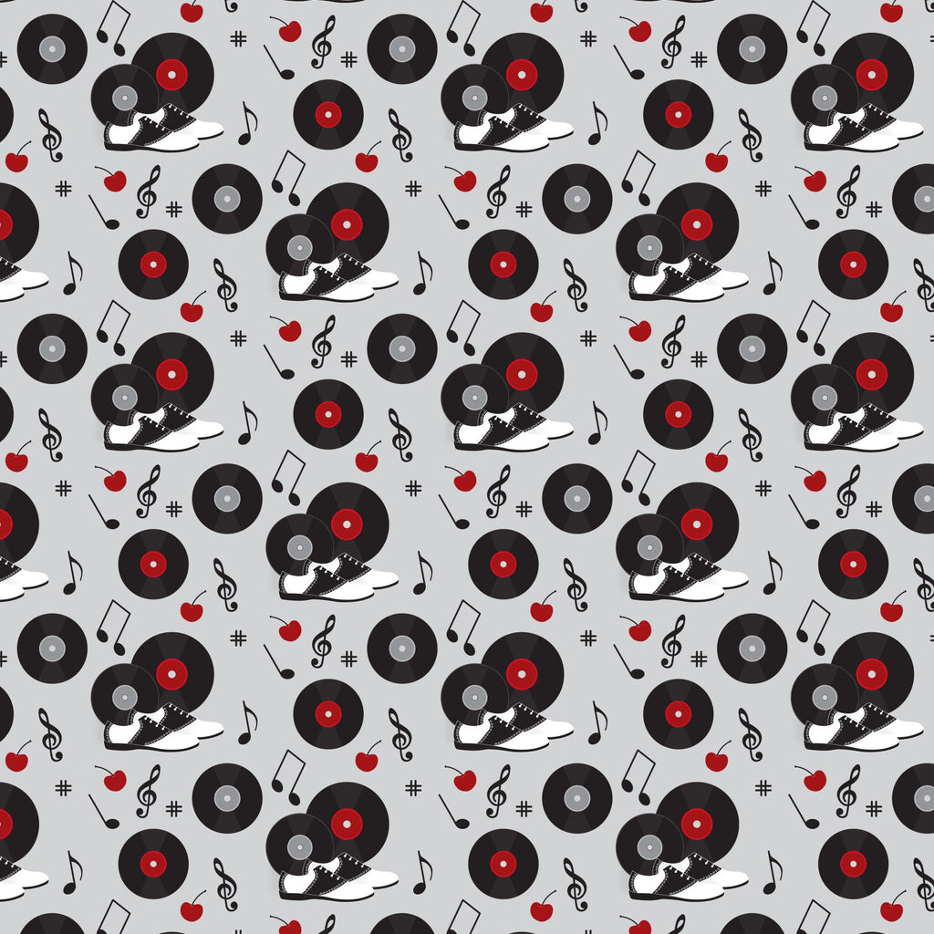 black, red, white, gray, vinyl records, turntables, sneakers, music notes, treble clef, apples, 1950s style, retro, diner aesthetic, repeating pattern,, fabric panel, musical instruments, rockabilly, vintage vibes, scattered motifs