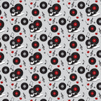 black, red, white, gray, vinyl records, turntables, sneakers, music notes, treble clef, apples, 1950s style, retro, diner aesthetic, repeating pattern,, fabric panel, musical instruments, rockabilly, vintage vibes, scattered motifs